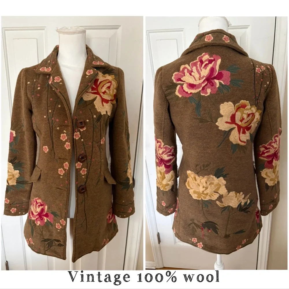100% Wool Bohemian embroidery cottagecore coat - Picture 2 of 14
